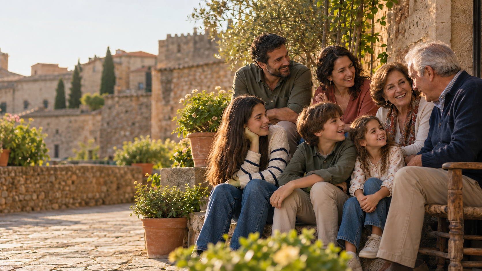 Una pareja con sus tres hijos y dos abuelos conversa al aire libre en Cáceres
